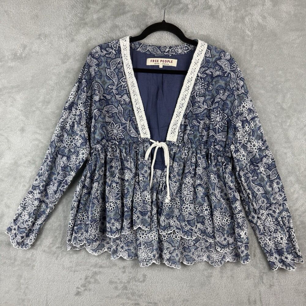Free People Anissa Bed Jacket Women's Size S Blue Floral Tie Front Eyelet Boho
